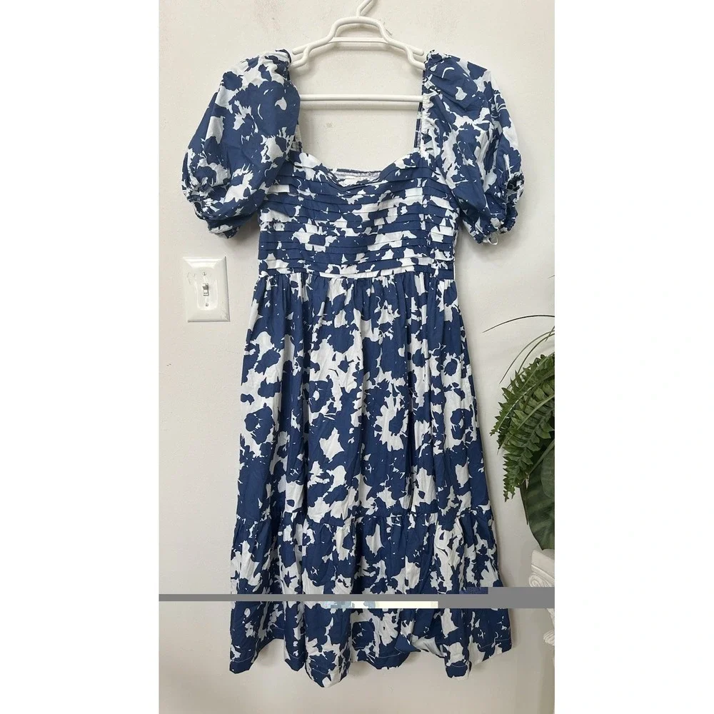 Abercrombie Emerson Poplin Puff Sleeve Dress Floral Blue White Sz LP Coastal